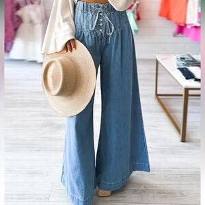 Pleated Button Front Drawstring Wide Leg Jeans High Rise Pull On Size L